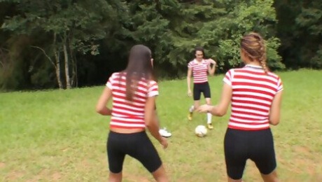 Soccer team of sexy trannies gangbang one lucky guy outdoors