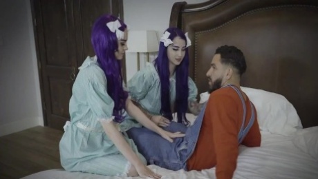 Pretty twins in purple wigs are fucked by hot blooded Peter Green