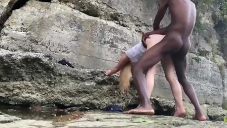 BBC goes hard on white pussy. Interracial couple hiking in mountains.