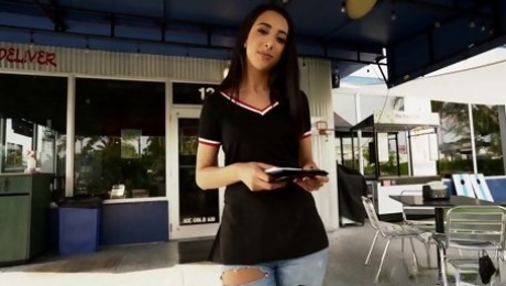 Smiling waitress Kiarra Kai is fucked and fed with sperm in hot POV video