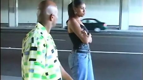 Black man eats a beautiful black girl's hairy pussy