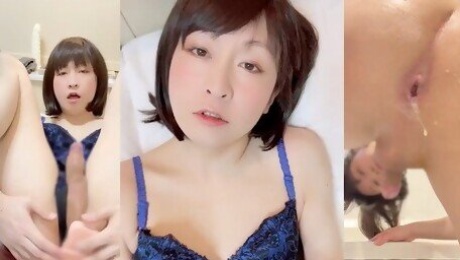 Japanese t-girl wears sexy underwear, squirts enema and squirts anal masturbation with dildo