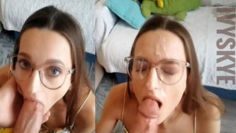 Nerdy step sister persuaded me to fuck her mouth and cum on glasses