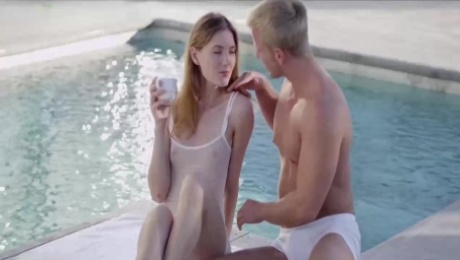 Fresh babe and a wealthy, handsome man are about to have sex, by the swimming pool